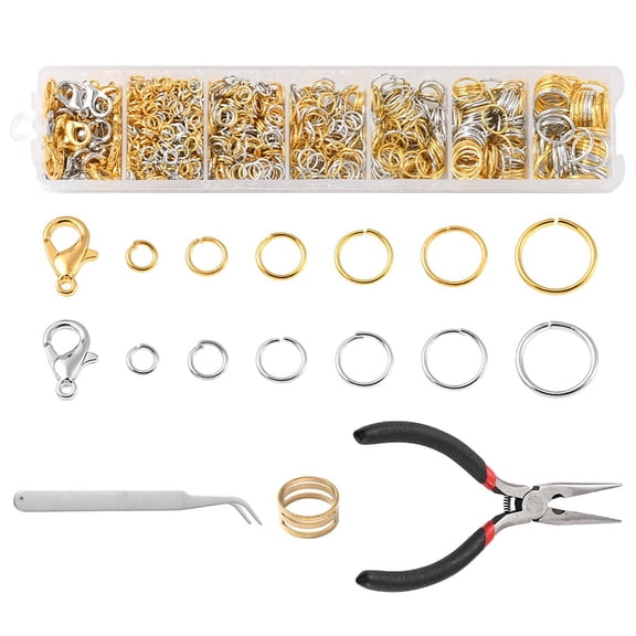 1Set DIY Jewelry Making Finding Kit Including Zinc Alloy Lobster Claw Clasps Iron Open Jump Rings Pliers Brass Rings Tweezer Platinum & Golden 1203Pcs/set