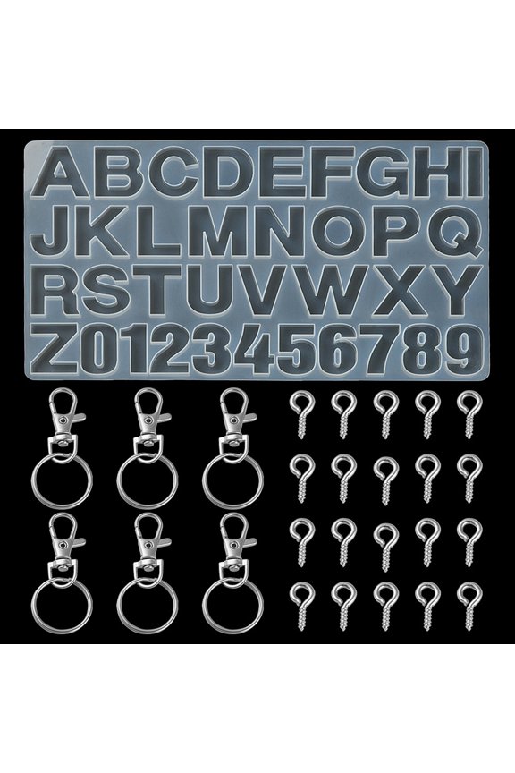 1Set DIY Keychain Making Kits Inclduing Number and Letter Design DIY Silicone Molds Alloy Swivel Clasps Iron Key Rings & Screw Eye Pin Peg Bails White Material Silicone