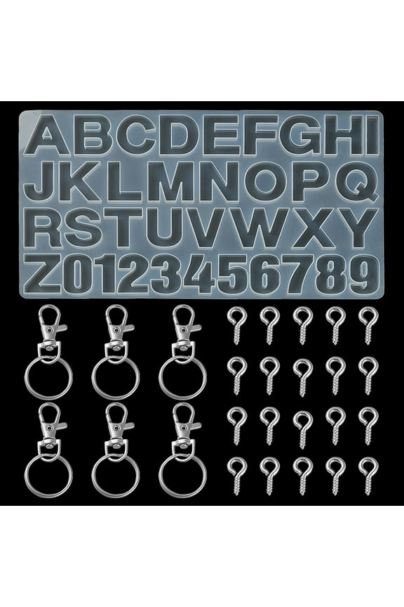 1Set DIY Keychain Making Kits Inclduing Number and Letter Design DIY Silicone Molds Iron Key Rings & Screw Eye Pin Peg Bails White