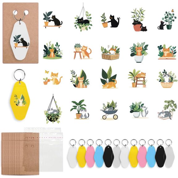 1Set DIY Keychain Making Kits Including Paper Keychain Display Cards Plastic Keychain and PVC Stickers Cat Shape 120x70x0.4mm