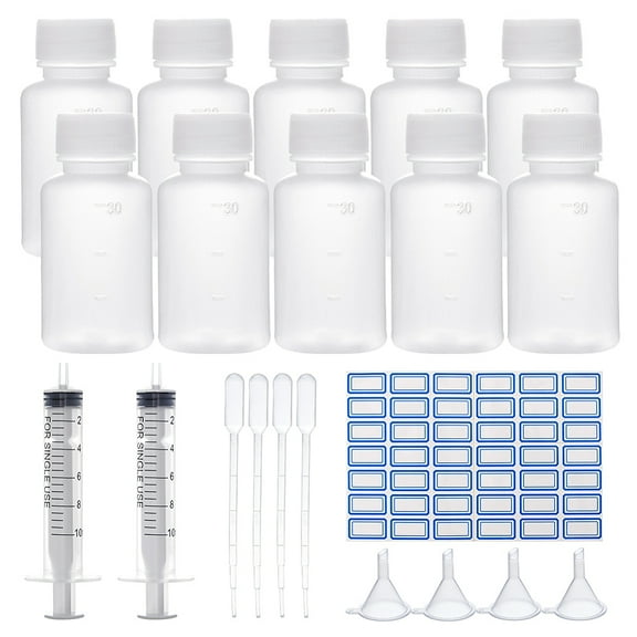 1Set DIY Kit with Plastic Liquid Reagent Bottle Label Paster Dropper and Dispensing Syringe Clear Plastic Funnel Hopper Pipettes 37x6~37mm Hole: 2mm capacity: 1~30ml
