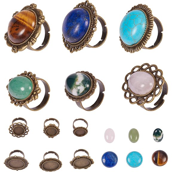 1Set DIY Ring Making with Vintage Adjustable Iron Finger Ring Components and Natural/Synthetic Gemstone Cabochons Antique Bronze