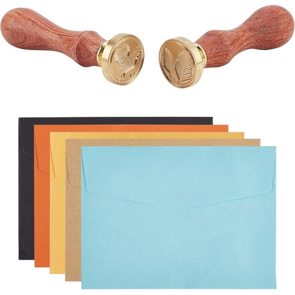 1Set DIY Scrapbook Making Kits Including Brass Wax Seal Stamp and Wood Handle Paper Envelope Flower Pattern Mixed Color 12pcs