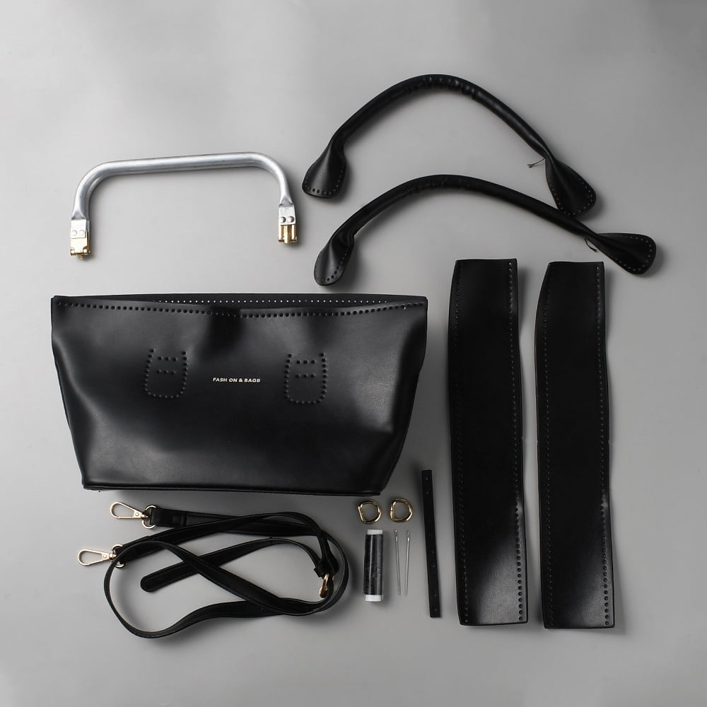 1Set DIY Sew on PU Leather Women's Crossbody Bag Making Kits including PU Leather Fabrics Clasps Tools Black