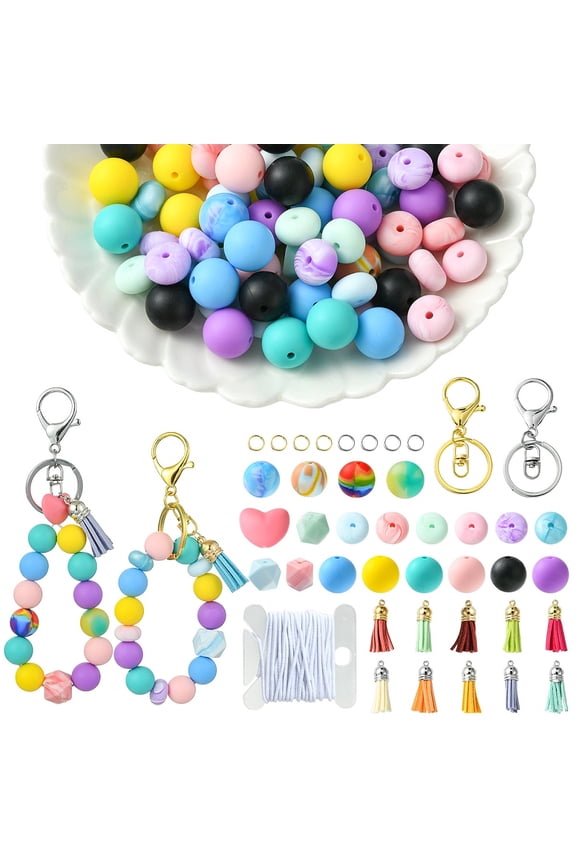 1Set DIY Silicone Beaded Keychain Making Kit Mixed Color 15mm Hole: 2mm