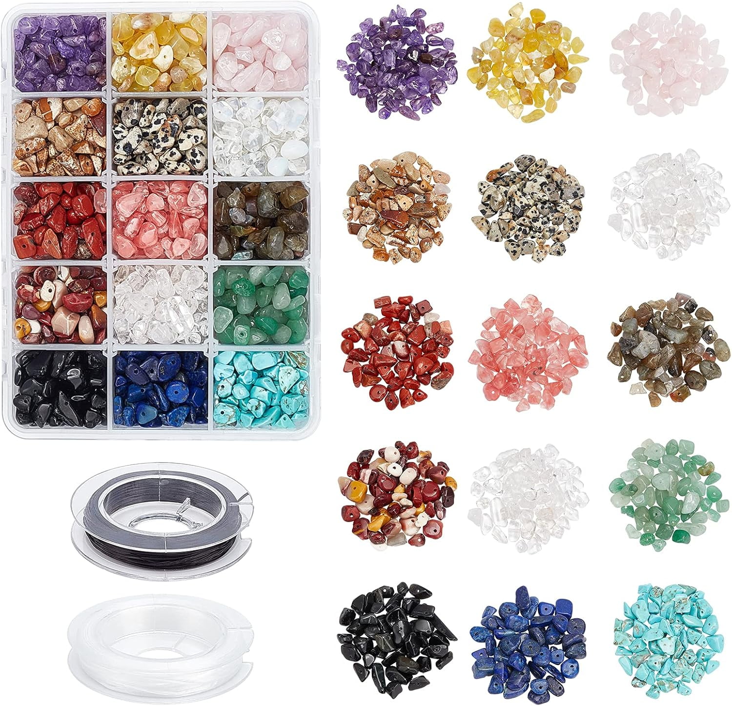 1Set DIY Stretch Bracelets Making Kits Including 15 Colors Natural & Synthetic Gemstone Chip Beads and Flat Elastic Crystal String 5~8mm Hole: 1mm 375g/box