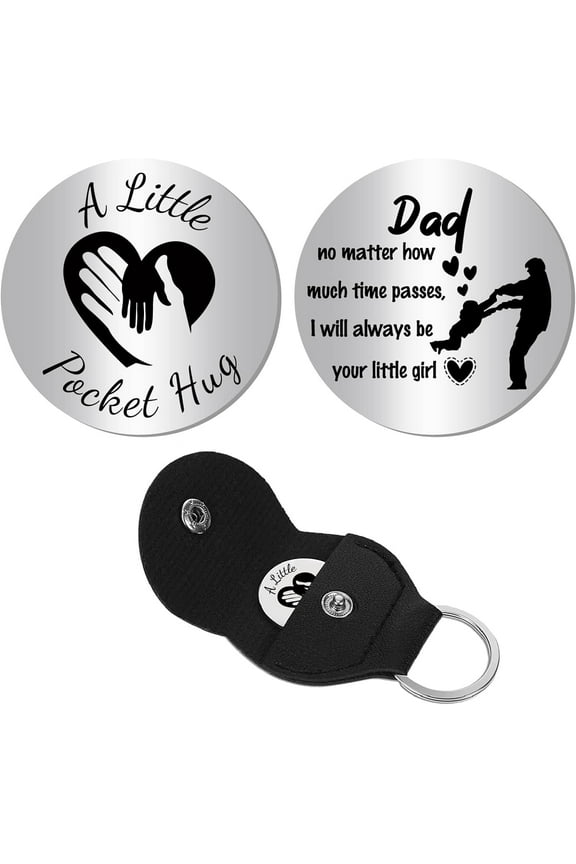1Set Dad Daughter Pocket Hug Token Long Distance Relationship Keepsake Stainless Steel Double Sided Pocket Token Coin with PU Leather Keychains for Family Father Inspirational Gift 1.2Inch