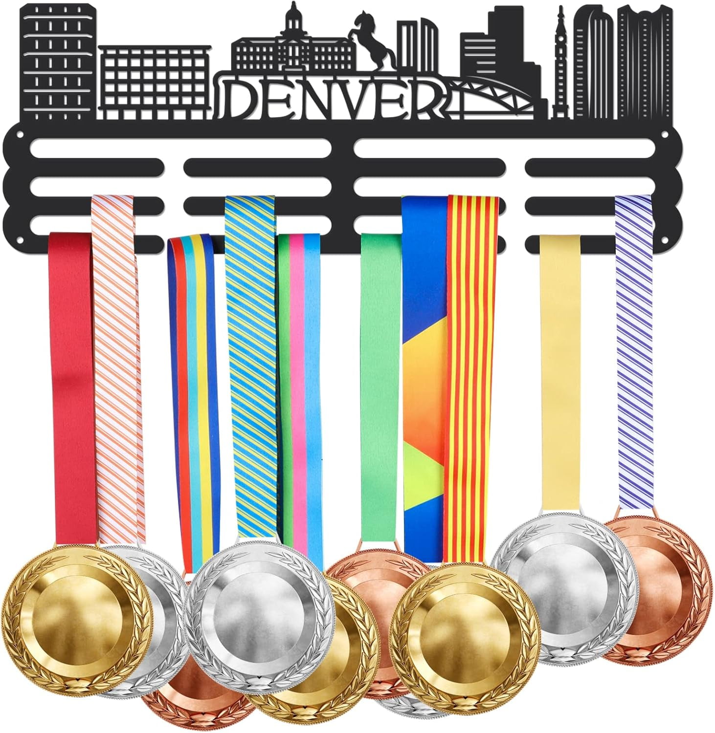 1Set Denver Cityscape Medal Hanger Display Sports Medal Display Rack for 60+ Medals Trophy Holder Awards Ribbon Holder Display Wall Hanging Athlete Gift