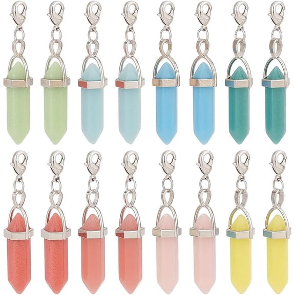 1Set Double Terminated Pointed/Bullet Shape Synthetic Luminous Stone Pendant Decoration with Brass Lobster Claw Clasps Glow in the Dark Mixed Color 55mm 8 colors 2pcs/color 16pcs/set