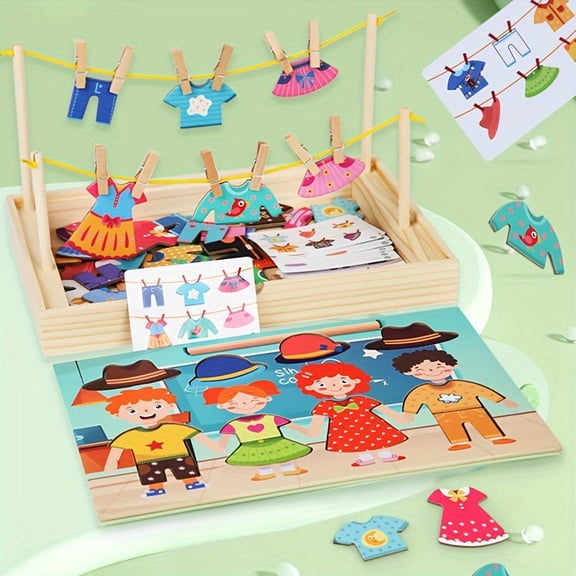 1Set Dress Up Puzzle Wooden Changing Clothes Puzzle with Montessori Box-Creative Clothesline Dress-Up Activity Set for Montessori Classroom to Learning Life Skills, Parent-Kid Interactive Desktop Toy