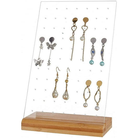 1Set Earring Holder Stud Earring Organizer Display Pegboard Acrylic Earring Stand Board Earring Storage with Wood Base Jewelry Rack Display for Selling Retail Display 77 Holes 9.4x5.9inch