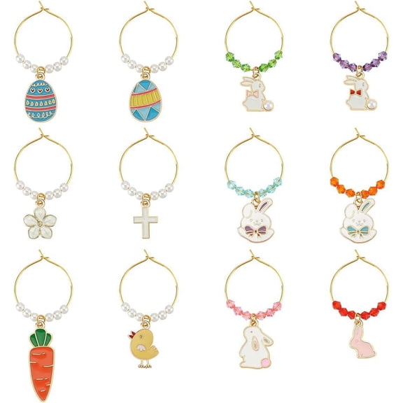 1Set Easter Theme Alloy Enamel Wine Glass Charms with Acrylic Beads and Brass Findings Mixed Shape Mixed Color 47~65mm 12pcs/set