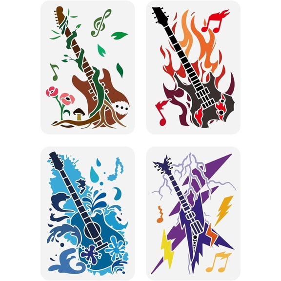 4 pcs Electric Guitars Stencil 8.3x11.7inch Reusable Rock Guitars Painting Template Rock Music Decor Stencil Fire Water and Lightning Stencil for Painting on Wood Wall Furniture Mixed Color DIY