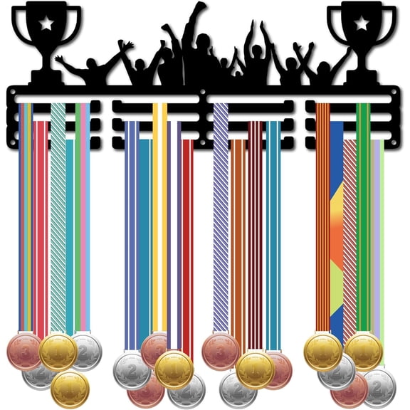 1Set Fashion Iron Medal Hanger Holder Display Wall Rack 3-Line with Screws Black Trophy 150x400mm Hole: 5mm