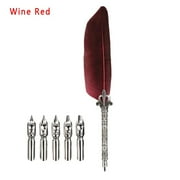1Set Feather Dip Fountain Pen Chancery Quill Turkey Oblique Pens +5pcs Nib Carved Metal for Fancy Calligraphy Vintage Pen Gift Burgundy