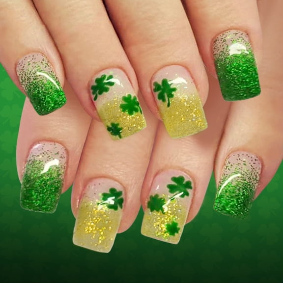 1Set Festive Patrick Green Clovers Gradient French Glittering Short Press Nails