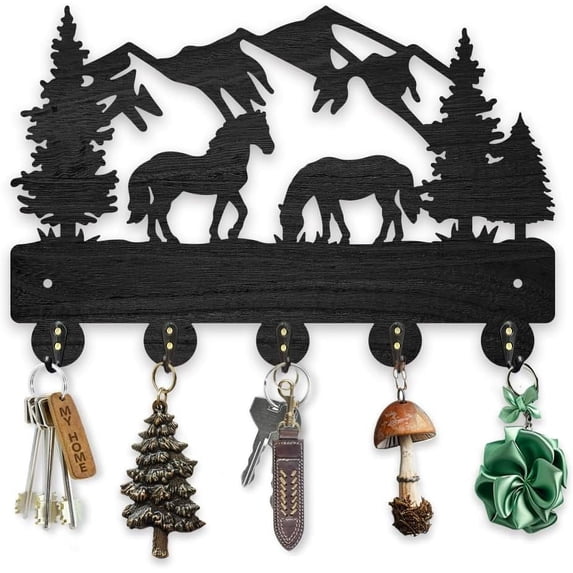 1Set Forest Horse Mountain Coat Rack 11.8×7.2inch Wood Animal Tree Key Holder for Wall Decorative Nature Scenery Key Hanger 5 Alloy Hooks for Gift Entryway Bedroom Living Room Farm