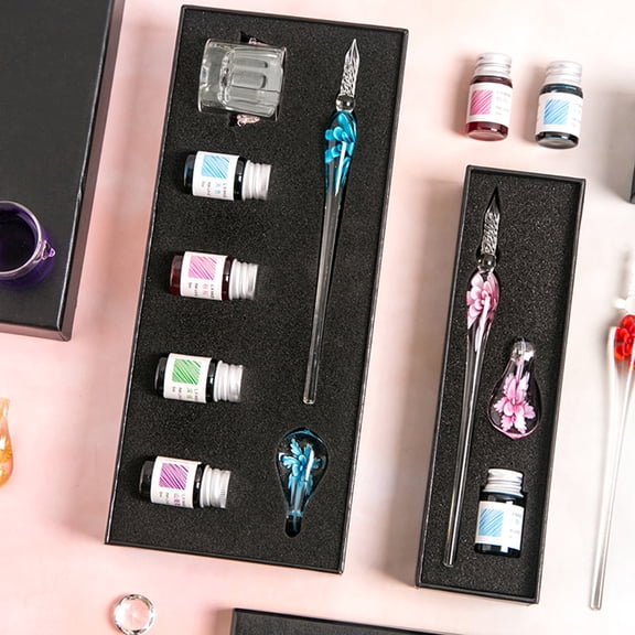 1Set Fountain Pen Flower Pen End Shape Smooth Writing Portable Crystal Dip Pen with Ink Gift Orange Glass