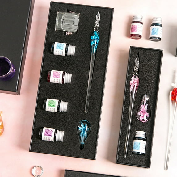 1Set Fountain Pen Flower Pen End Shape Smooth Writing Portable Crystal Dip Pen with Ink Gift Orange Glass