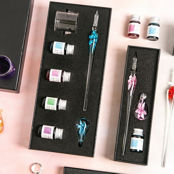 1Set Fountain Pen Flower Pen End Shape Smooth Writing Portable Crystal Dip Pen with Ink Gift Yellow Glass