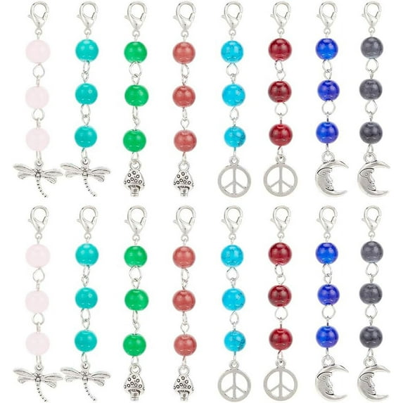 1Set Glass Round Bead Pendant Decorations with Zinc Alloy Lobster Claw Clasps and Dragonfly/Moon/Mushroom/Peace Sign Charms Mixed Color 65~67mm 16pcs/set