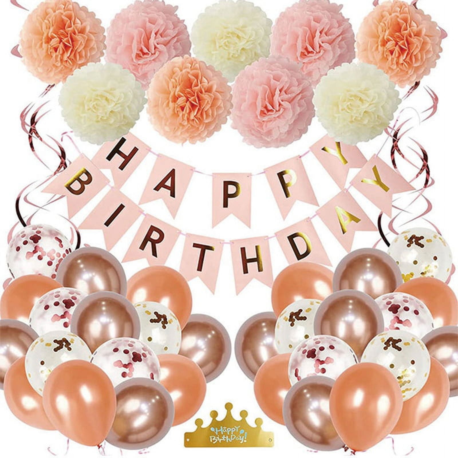 ANSOMO Rose Gold and Black Happy Birthday Party Decorations for Girls Women  Banner Balloons Pom Poms Foil Curtain Décor Supplies 13th 16th 18th 20th