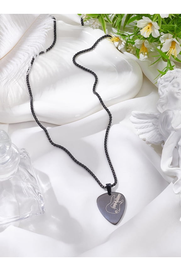 1Set Guitar Pick Necklace Guitar Pendant Titanium Steel Black Necklace Fashionable Rock Punk Necklace for Music Lover Jewelry Gift Women and Men Casual Party Wear Black