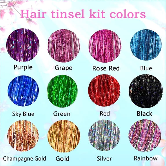 1Set Hair Tinsel Kit, with Tools Heat Resistant Safe 12 Colors Glitter Tinsel Hair Extensions ,Hair Tinsel Heat Resistant for Women Girls Glitter Hair Extensions