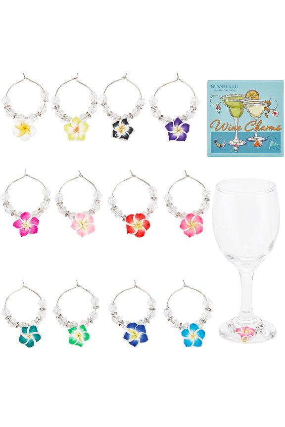 1Set Handmade Polymer Clay Flower Wine Glass Charms with Glass Beads and Brass Wine Glass Charm Rings Mixed Color 43mm 12pcs/setDIY