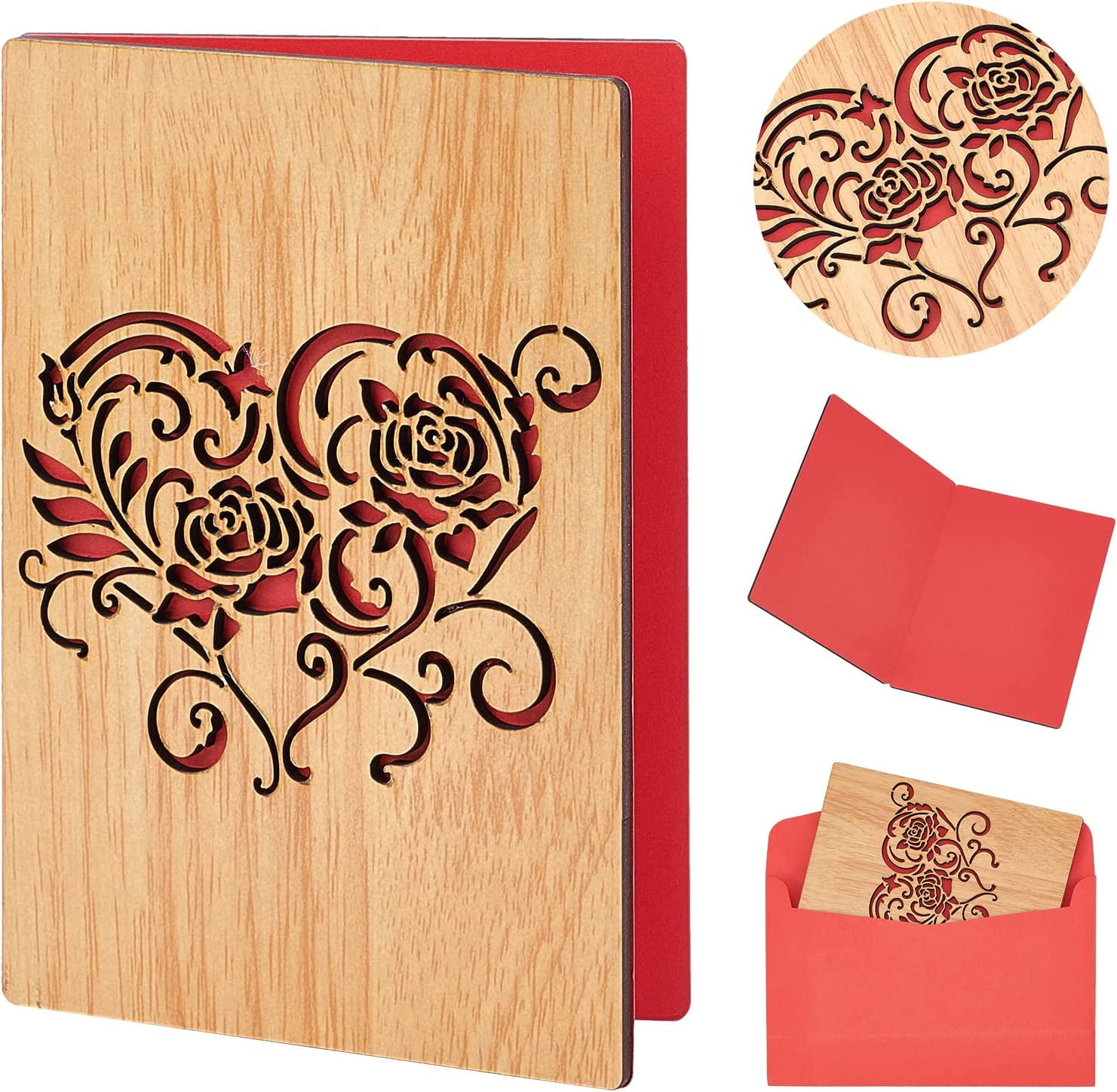 1Set Heart Wood Card Wood Wedding Anniversary Card Hollow Heart Rose ...