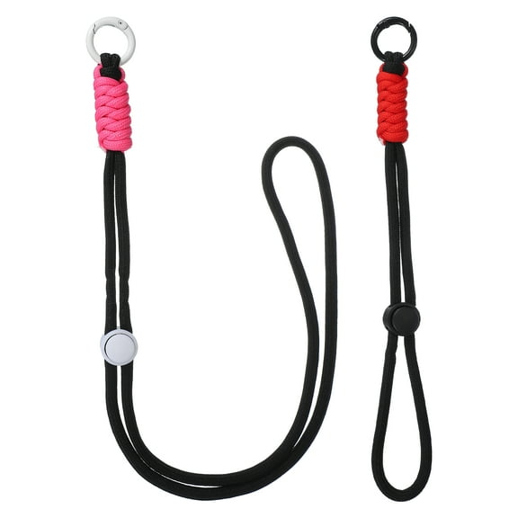 1Set Heavy Duty Paracord Keychain Lanyard, Adjustable Necklace Whistles Lanyard Braided Wrist Strap with Spring Ring for ID Card Badge Holder Keys, Black/Rose Red