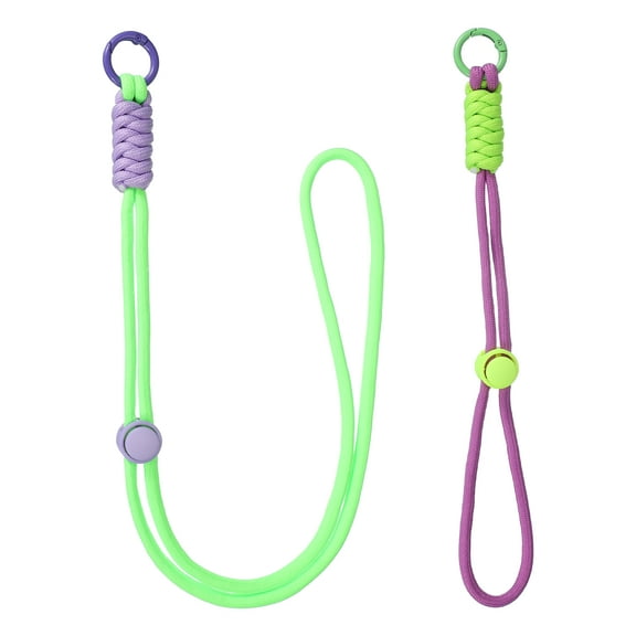 1Set Heavy Duty Paracord Keychain Lanyard, Adjustable Necklace Whistles Lanyard Braided Wrist Strap with Spring Ring for ID Card Badge Holder Keys, Green/Light Purple