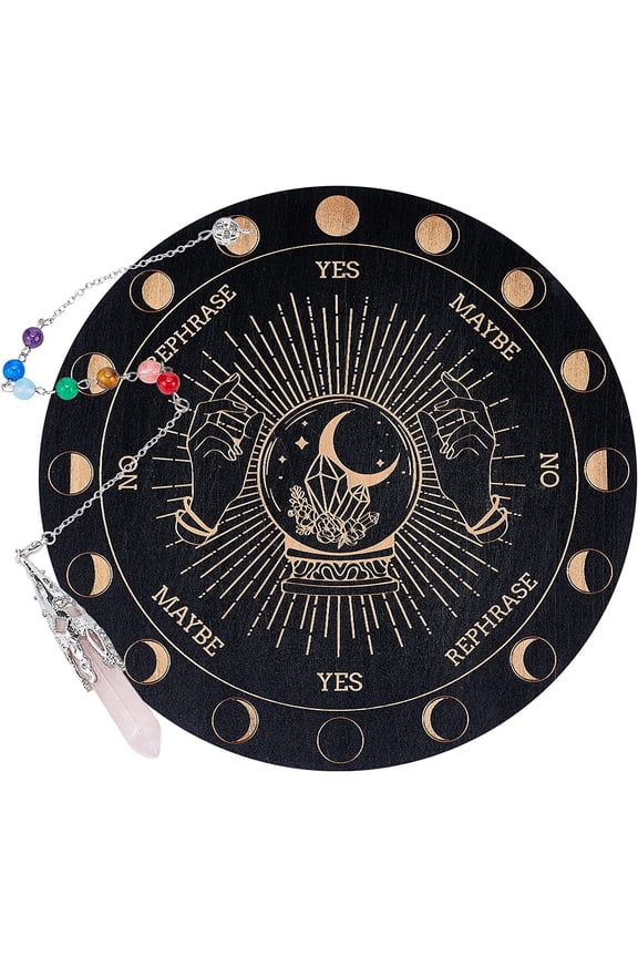 1Set Hexagram Sun Moon Pendulum Board 7.8'' Dowsing Divination Metaphysical Message Board Wooden Carven Board with Crystal Pendulum Necklace Divination for Witchcraft Wiccan Altar Supplies Kit