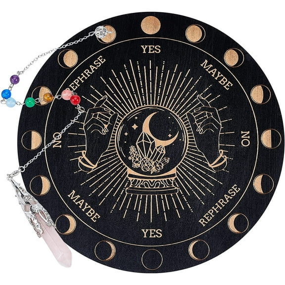 1Set Hexagram Sun Moon Pendulum Board 7.8'' Dowsing Divination Metaphysical Message Board Wooden Carven Board with Crystal Pendulum Necklace Divination for Witchcraft Wiccan Altar Supplies Kit
