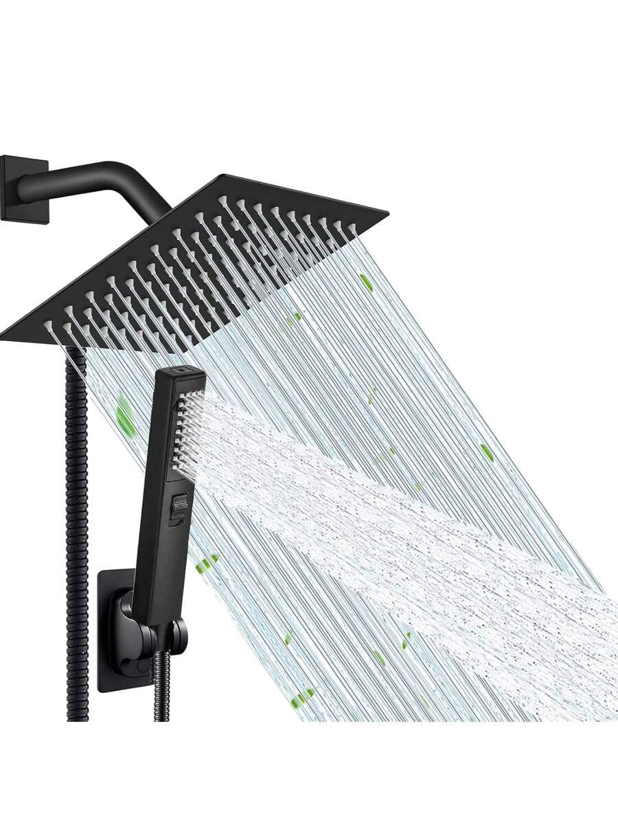 All Metal Rain Shower Head & Handheld Combo - 10" Square Rainfall Head, 11" Extension Arm, 78" Hose, 3-Way Diverter (Black)