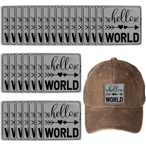 1Set Imitation Leather Clothing Label Tags Square with Word Hello World Silver 63.5x63.5x1.2mm 25pcs/set