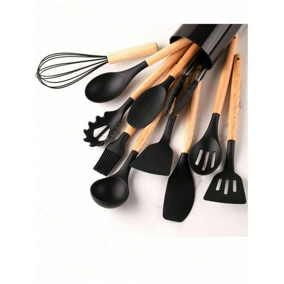 1Set Kitchen Utensil Set ,12pcs Silicone Kitchen Utensil Set,  Black with Holder,Wooden Cooking Utensils, Kitchen Gadgets,  Kitchen Tools With Storage Bucket,for Nonstick Cookware