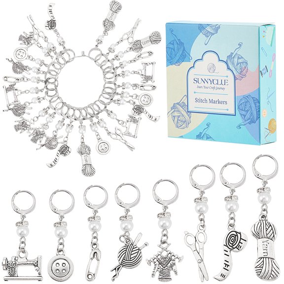 1Set Knitting Theme Alloy Pendant Locking Stitch Markers with 304 Stainless Steel Leverback Earring Findings Silver 4.3~6cm 24pcs/set