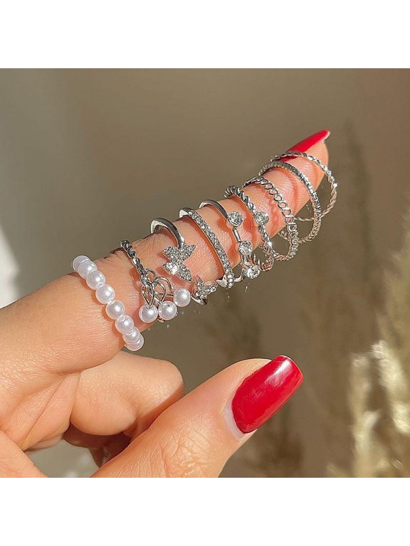 1Set Korean Style Butterfly Pearl Rings Set For Women Shine Pearl Gothic Vintage Rhinestone Simple Fashion Finger Jewelry Gift