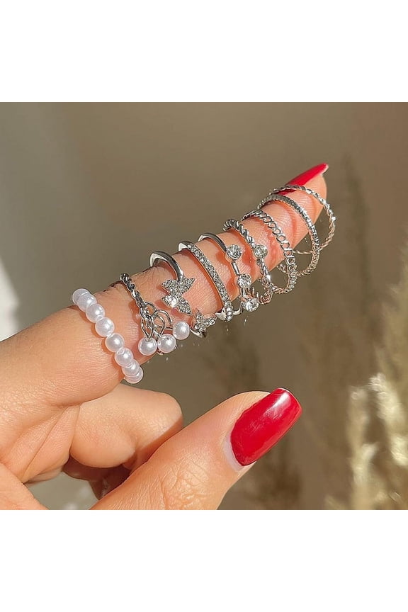 1Set Korean Style Butterfly Pearl Rings Set For Women Shine Pearl Gothic Vintage Rhinestone Simple Fashion Finger Jewelry Gift