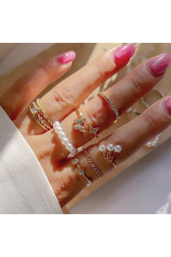 1Set Korean Style Butterfly Pearl Rings Set For Women Shine Pearl Gothic Vintage Rhinestone Simple Fashion Finger Jewelry Gift