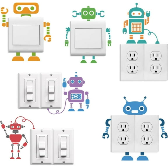 1Set Light Switch Plate Stickers Labels Decals 6Pcs 7"x7" Colorful Charging Robot for Home House Decorative Funny Peel and Stick Light Wall Outlet Stickers for Switch Decoration