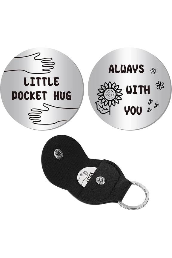 1Set Little Pocket Hug Token Palm Sunflower Long Distance Relationship Keepsake Keychain Stainless Steel Double Sided with PU Leather Keychain Gift for Family Friends Women Men Silver 1.2Inch
