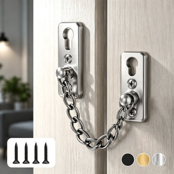 1Set Metal Door Safety Chain Lock with Screws, Anti-Burst Door Chain Latch, Stainless Steel, Door Chain Lock Guard with Spring Anti-Theft Press Button for Front Door (Silver)
