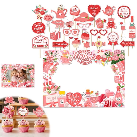 1Set Mother’s Day Photo Booth Frame & Props Kit, 1 Large “Happy Mother’s Day” Frame with Selfie Props, Complete Party Decor Set for Mom Celebration, Cake Topper & Photo Station