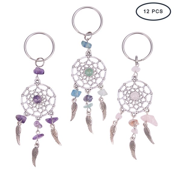 1Set Natural Chip Gemstone Keychain with Tibetan Style Pendants and 316 Stainless Steel Key Ring Woven Net/Web with Feather 107mm