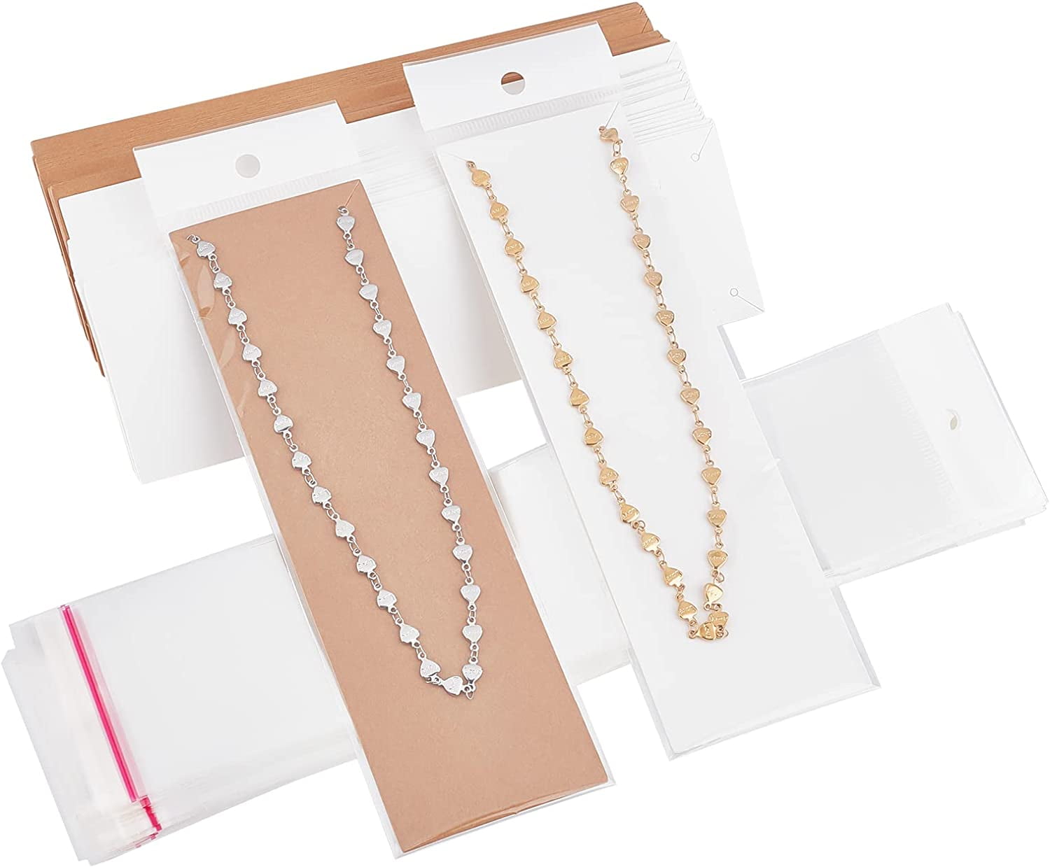 1Set Necklace Display Card with Self Sealing OPP Bags 60pcs Kraftpaper Jewelry Holder 7.3x2.2 Long Rectangle Display Tags and 60pcs Clear Packaging Bag for Personal Business Jewelry Display Walmart ...