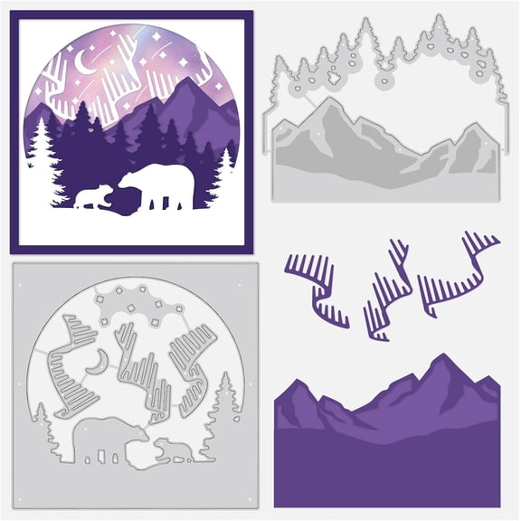 1Set Northern Lights Pattern Cutting Dies Stencils Metal Forest Bear Mountain Scrapbooking Embossing for Card Making DIY Decorations 0.8mm Thick