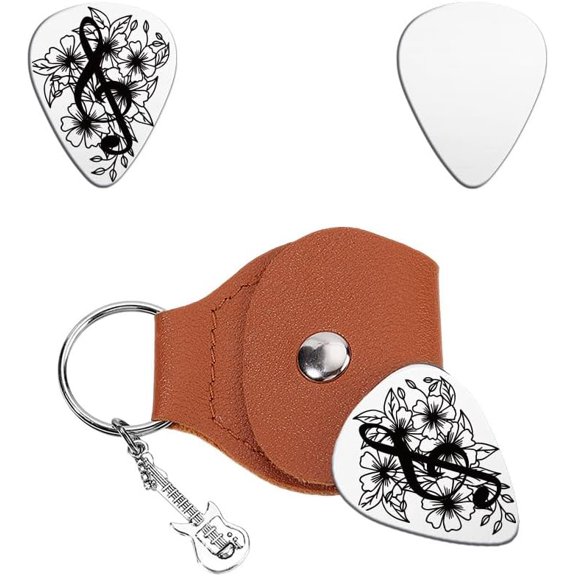 1Set Notes Flowers Guitar Picks Gifts Keychain One-side Engraved Stainless Steel Notes Guitar Pick with Brown PU Leather Case Plectrum Guitars Set