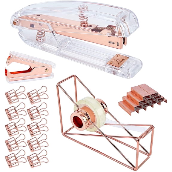 1Set Office Appliance with 24/6 Standard Staple Iron Wire Hollow Tape Cutters Holder & Claw Staple Remover Spring Powered Desktop Stapler Metal Binder Clips Rose Gold